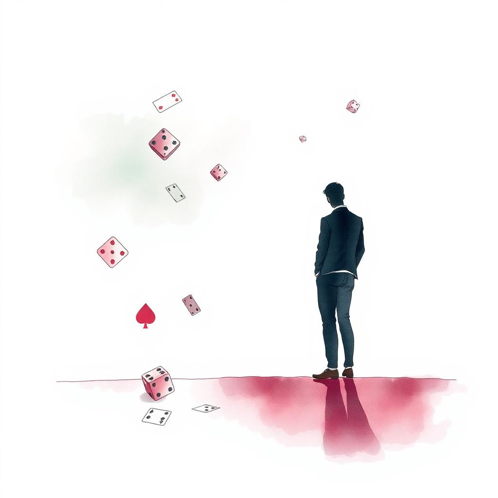 Illustrazione ad acquerello di dadi e carte che cadono e una figura solitaria