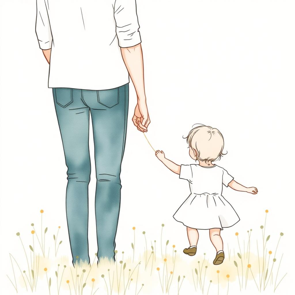 Illustrazione ad acquerello di un genitore che lascia la mano di un bambino mentre cammina